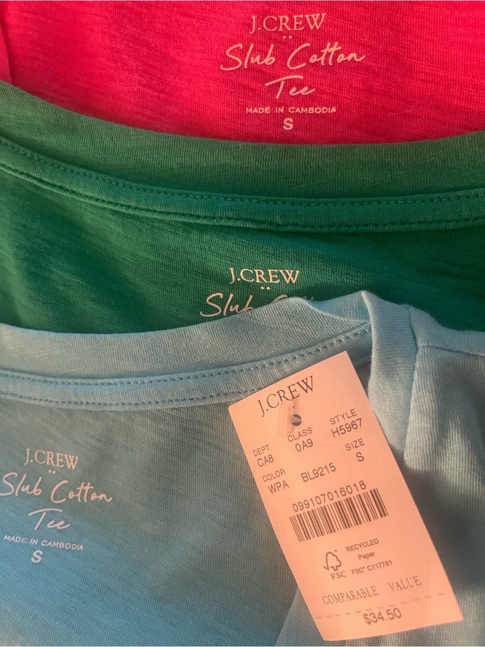 J. Crew Slub Cotton Short Sleeve Tees - Red, Green, Light Blue (3-Pack)